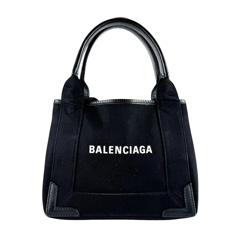Balenciaga Shoulder Bag Handbag Navy Blue Cabas Canvas Leather Black